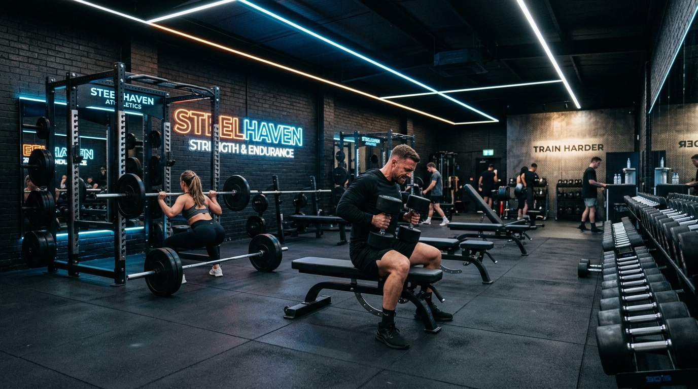 Gym training floor with weights and power racks